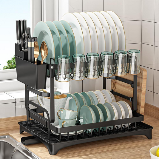 Escurridor de Platos de 2 Niveles de Acero con Drenaje Automático