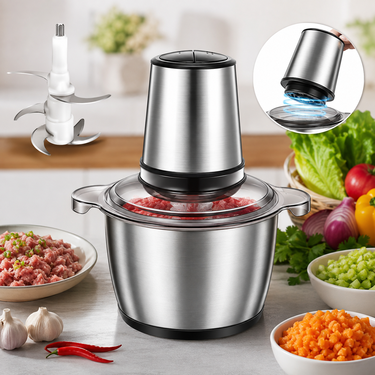 Picadora Eléctrica de Alimentos 2 Litros con Recipiente de Acero Inoxidable