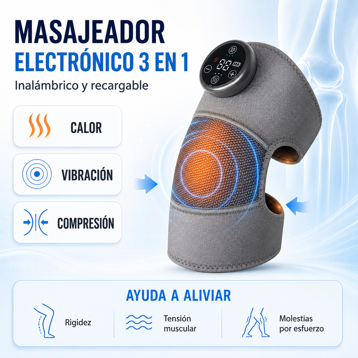 Masajeador Eléctrico Inalámbrico de Rodilla 3 en 1 - Calor, Vibración y Compresión