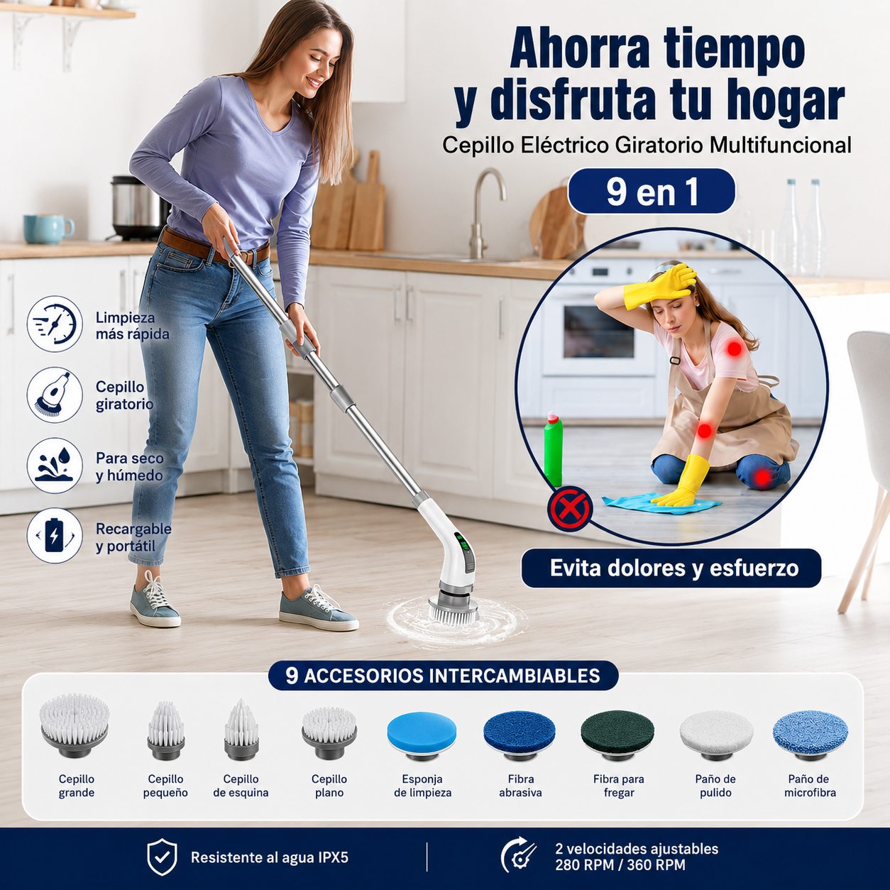 Cepillo Eléctrico Inalámbrico Recargable 9 en 1 para Limpieza