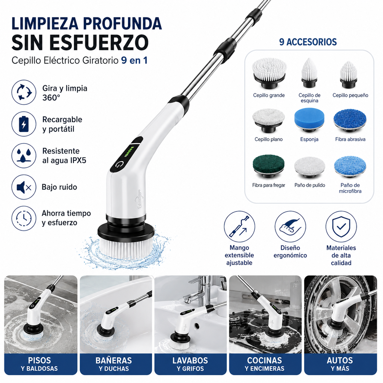 Cepillo Eléctrico Inalámbrico Recargable 9 en 1 para Limpieza